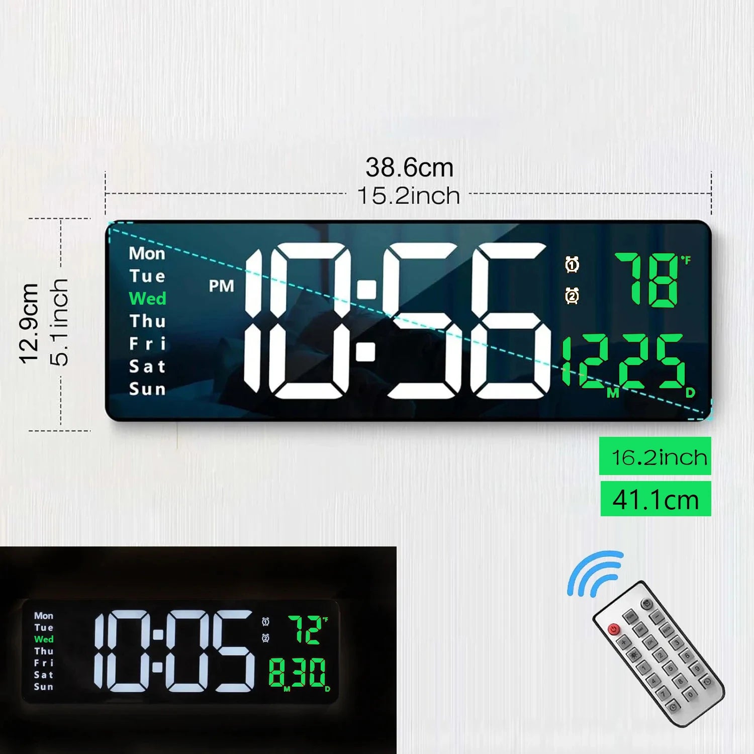 16.2’’ Large Digital Wall Clock with Remote Control Big LED/Dual Alarm/8 RGB Colors Digital Alarm Clock Electronic