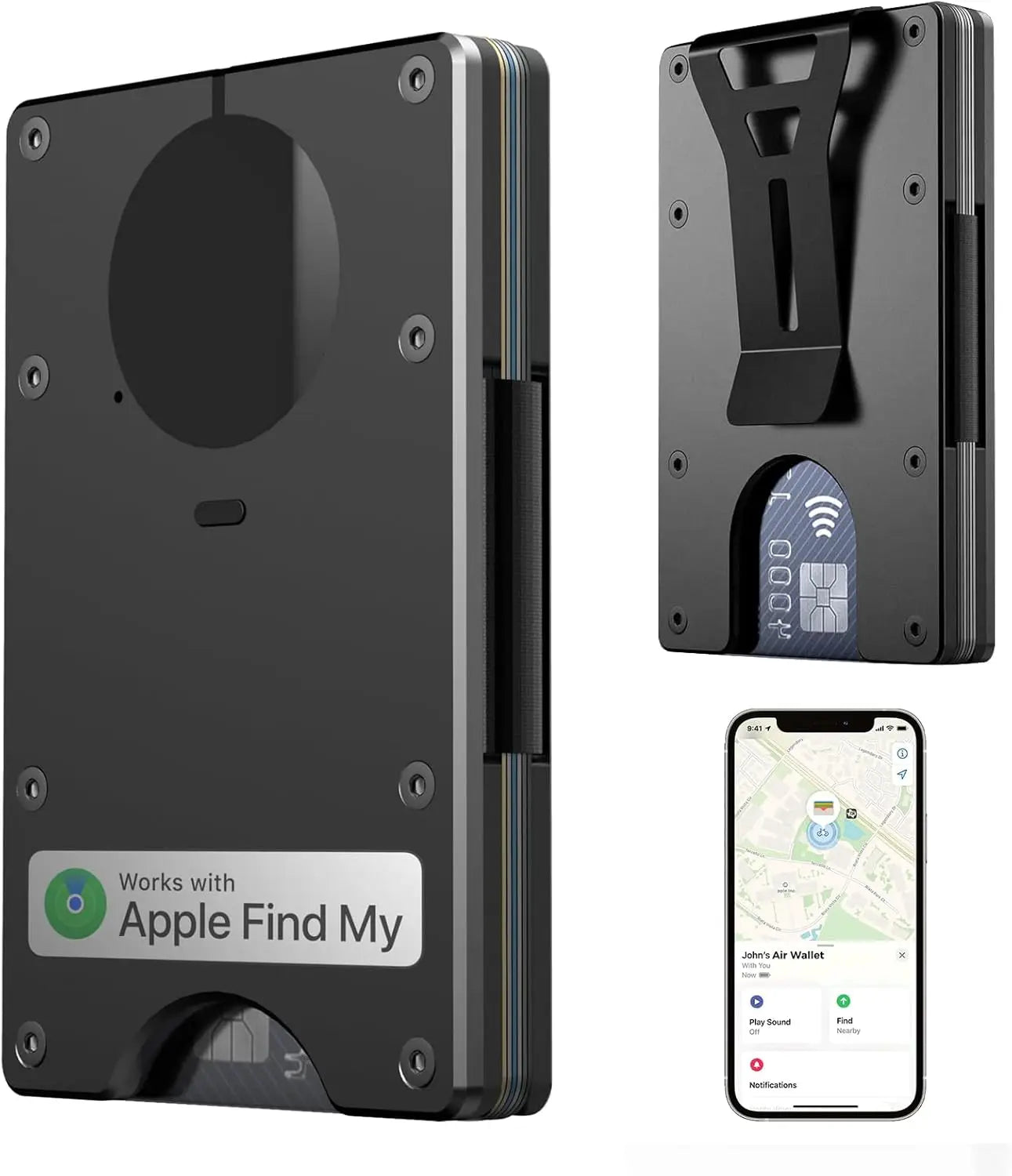 RFID Blocking Credit Card Holder Slim Wallet For Men Compatible with Find My iOS Only Detachable Money Clip - black