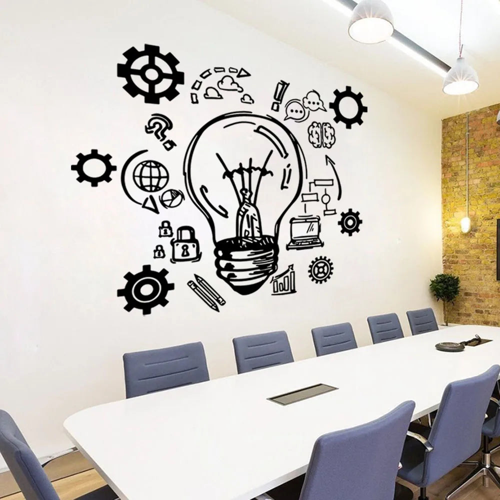 Large Lightbulb Inspire Words Business Office Wall Sticker Gear Success Teamwork Corperation Motivational Quote Wall