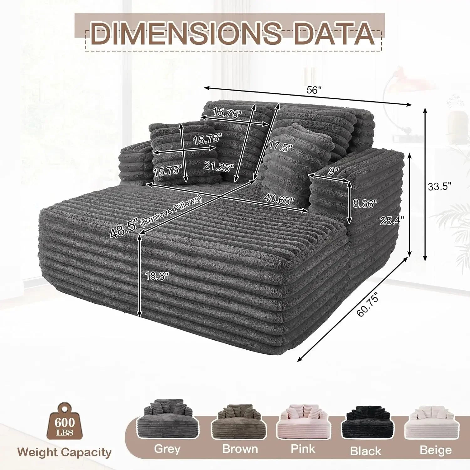 [Limited Stock!]56’’W Oversized Chaise Lounge Chair Indoor,Plush Faux Fur Sleeper Sofa Couch Bed with Pillows&Wide