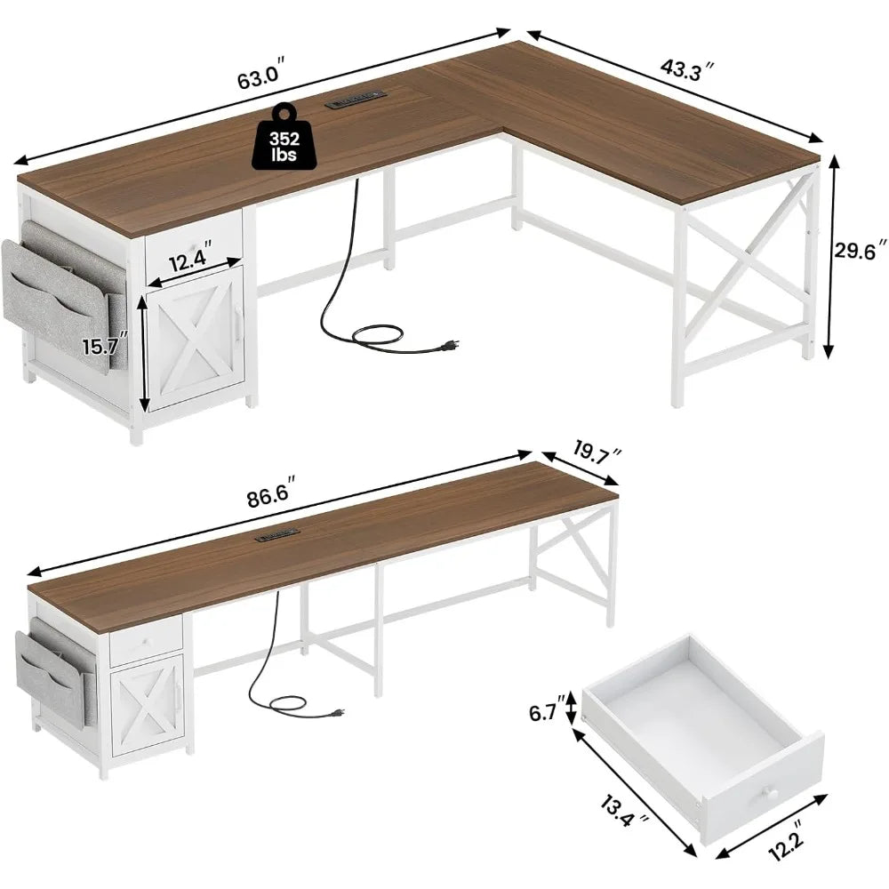 63 L shaped office desk convertible corner desk with drawers farmhouse computer desk with power board and storage