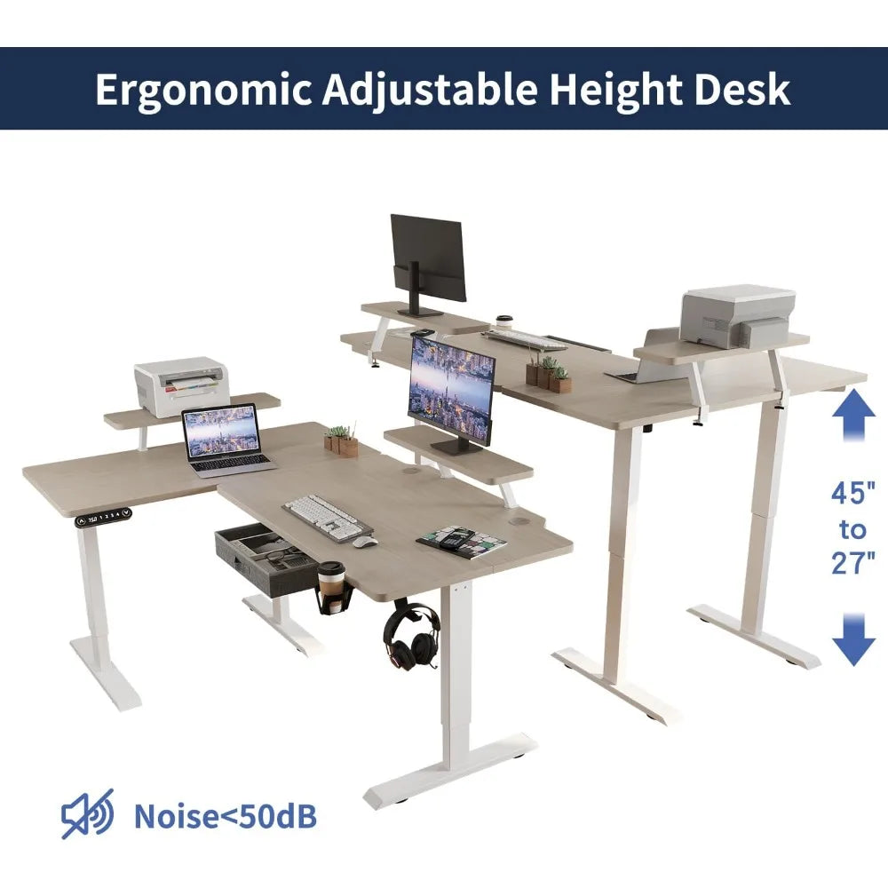 Electric L Shape Standing Desk with Drawer 63x47 Inches Height Adjustable Sit Stand Up Desk with Storage Shelf Home