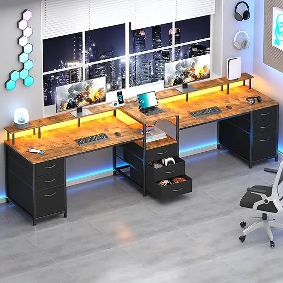 Two-Person LED Gaming Desk with 9 Drawers Power Outlet and Storage for Home Office - United States / Rustic Brown