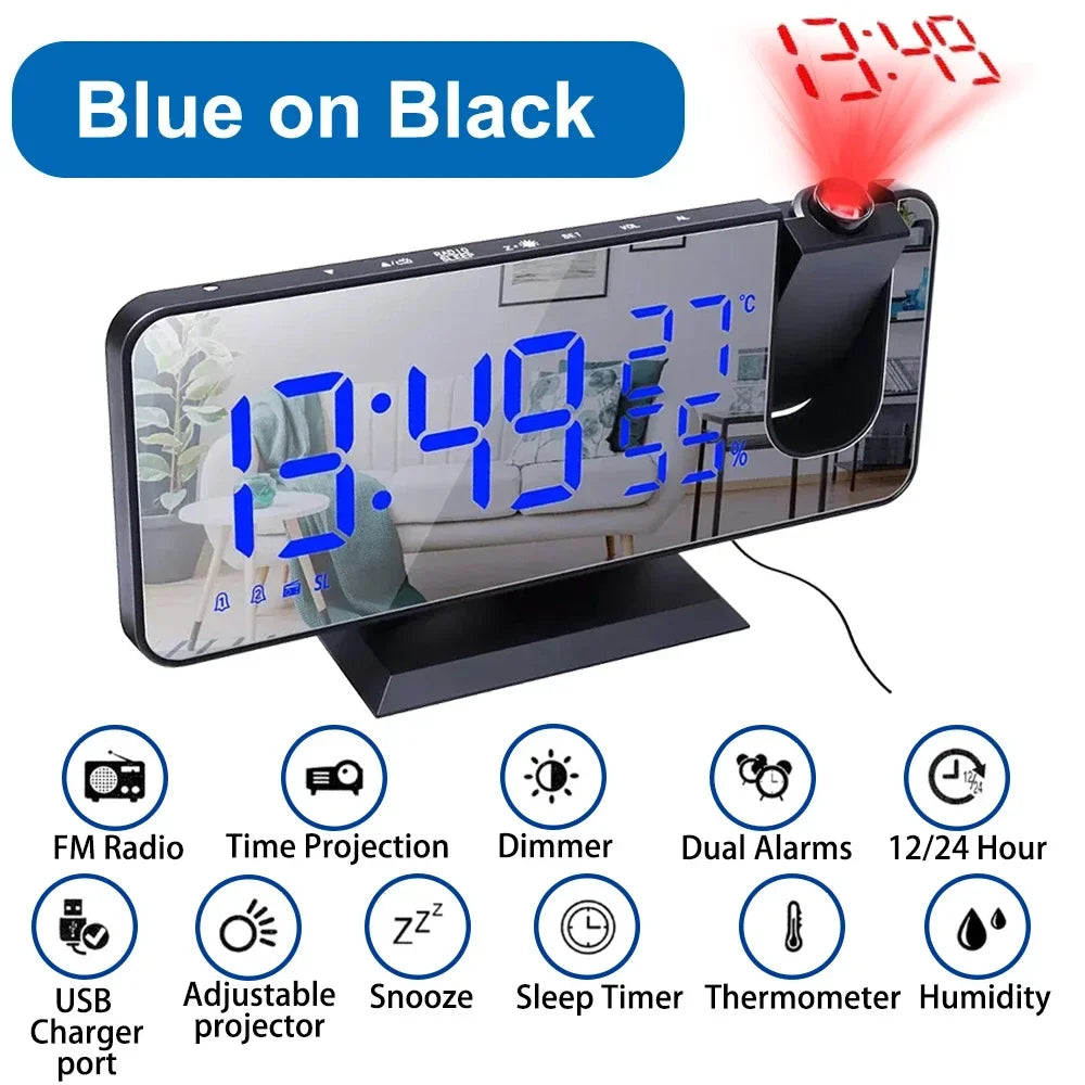 LED Digital Projection Alarm Clocks USB Electronic Ceiling Projector Alarm Clock with FM Radio for Bedroom Bedside
