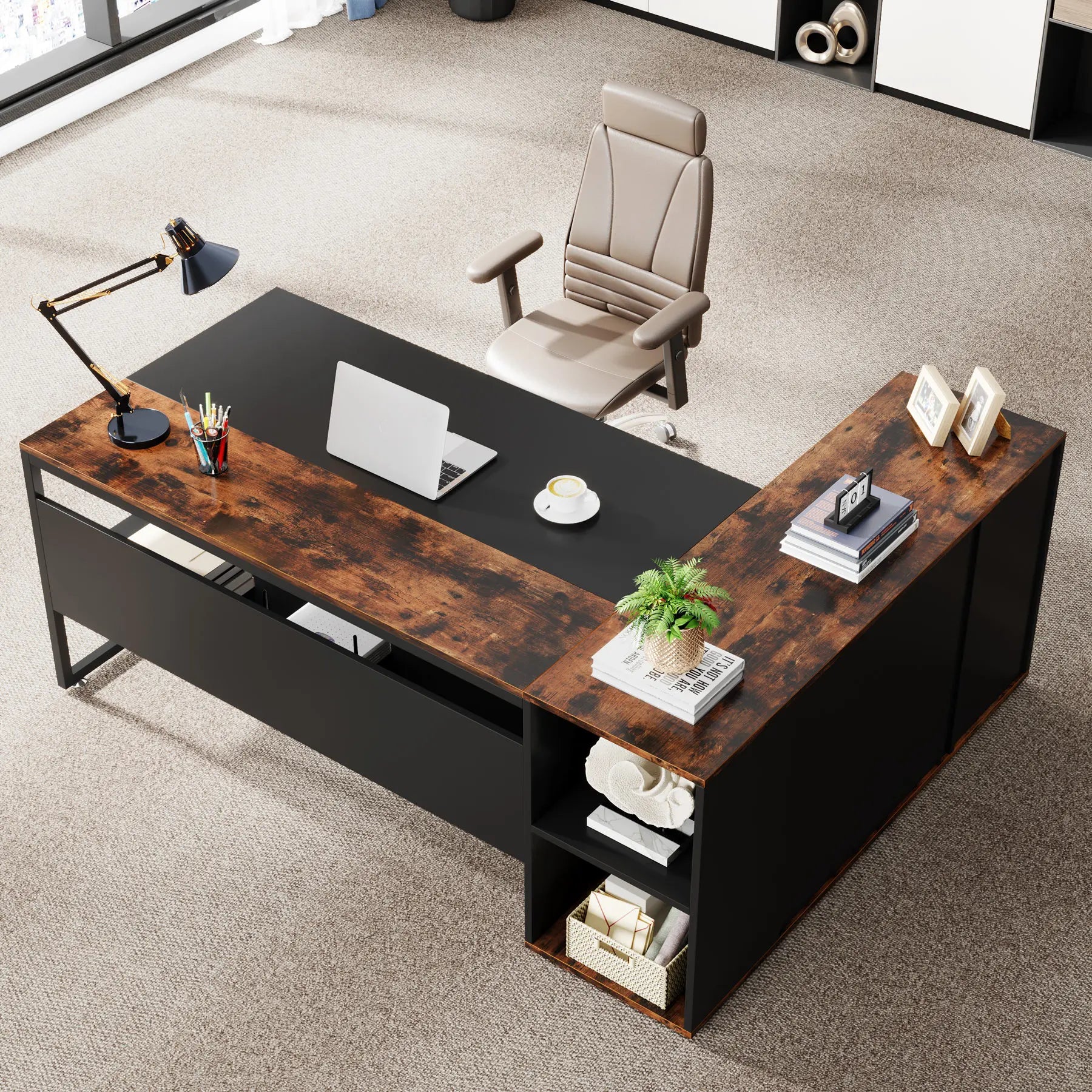 Tribesigns 71 inch Executive Desk L Shaped Desk with Cabinet Storage Executive Office Desk with Shelves
