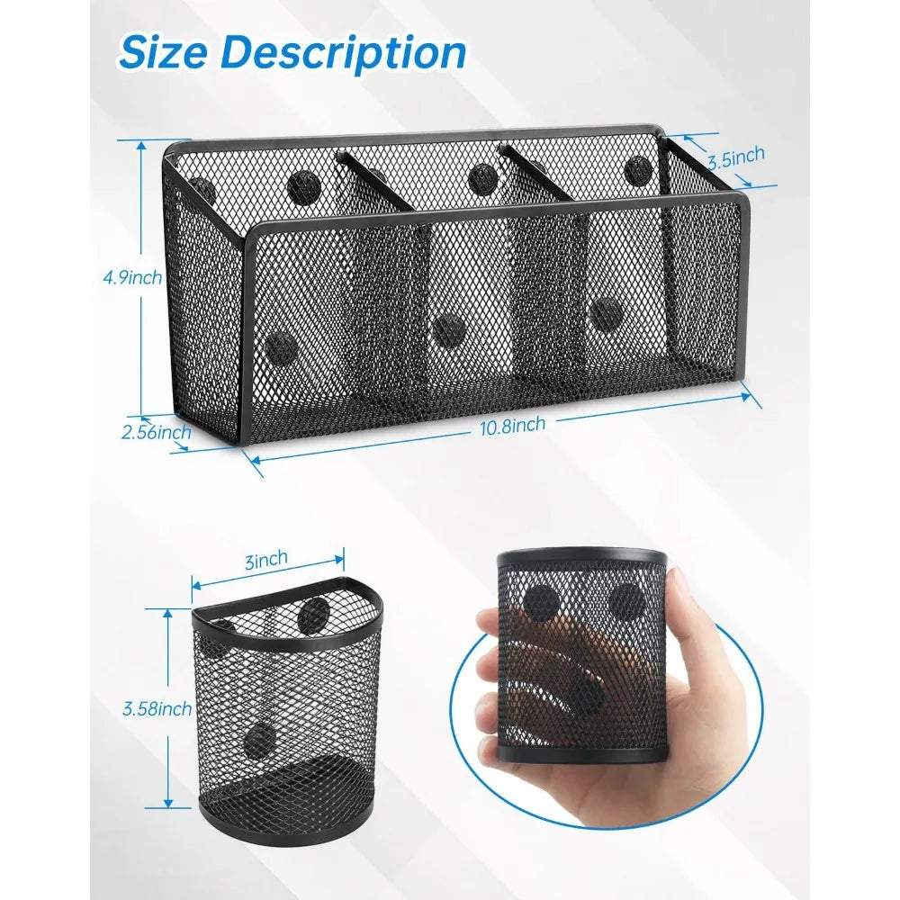 magnetic pencil holder - metal pen holder with strong magnets - storage basket organizer for whiteboard refrigerator