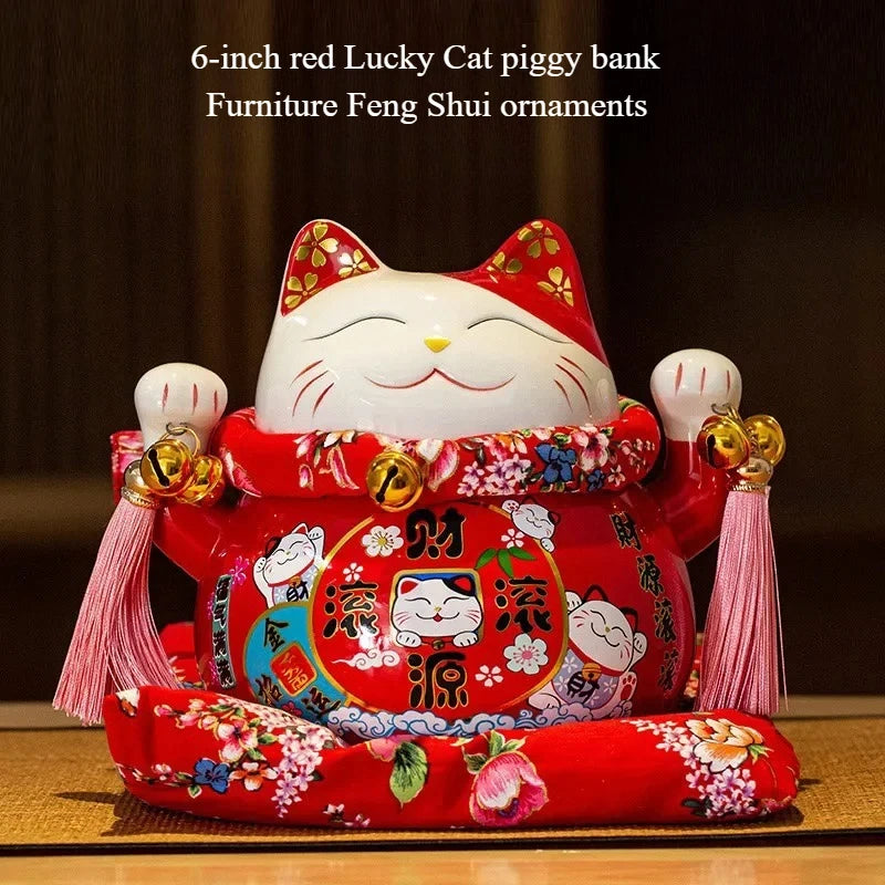 6/7inch Lucky Cat Piggy Bank Japanese Cat Crafts Cashier Display Ceramic Lucky Cat Desk Decoration Furniture Feng Shui