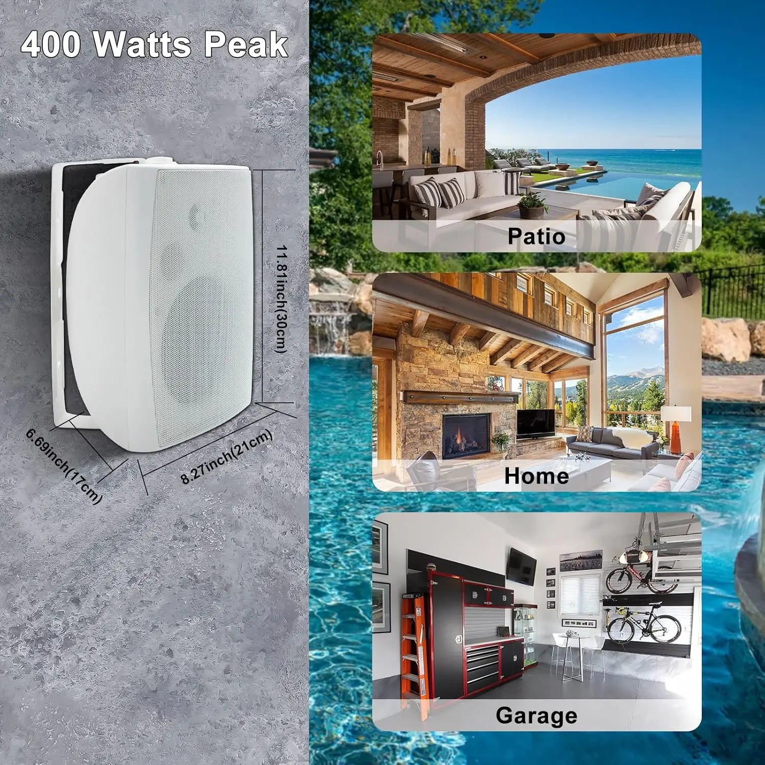 Herdio 6.5’’ 400W Indoor Outdoor Bluetooth Speakers Waterproof Wired With Powerful Bass 2 Way Wall Mount Speakers