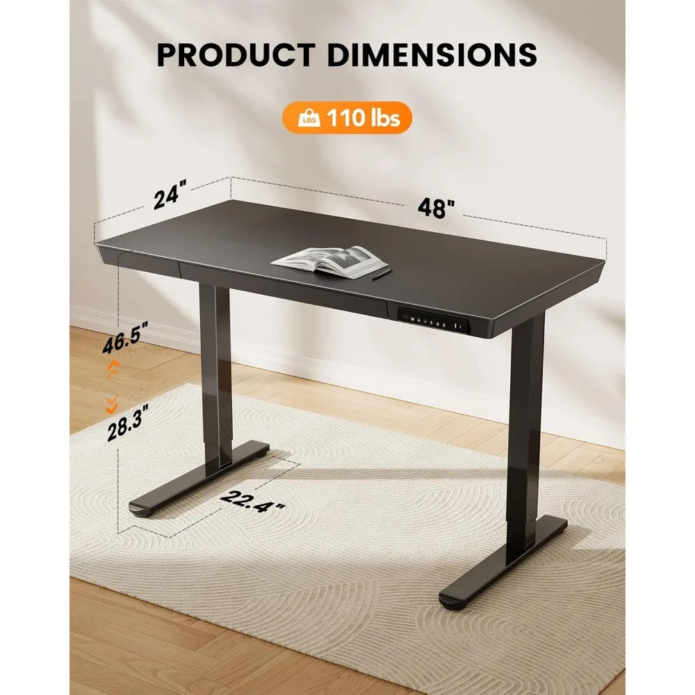 Electric Standing Desk with Drawers 48 x 24 Quick Install Glass Height Adjustable Desk with USB Charging Ports