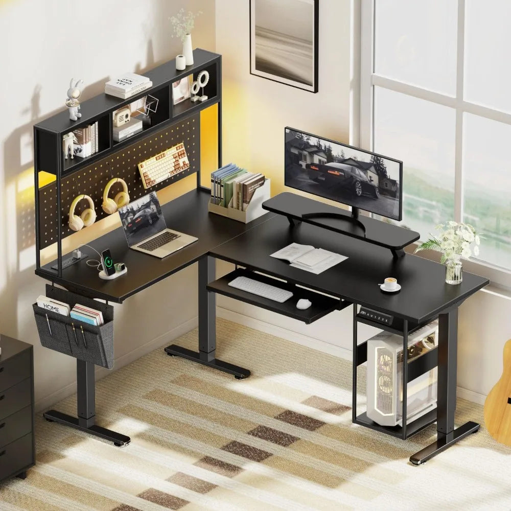 Electric L Shaped Standing Desk Adjustable Height 67’’ x 47’’ Corner Computer Desk with Host Shelf Gaming Desk with LED