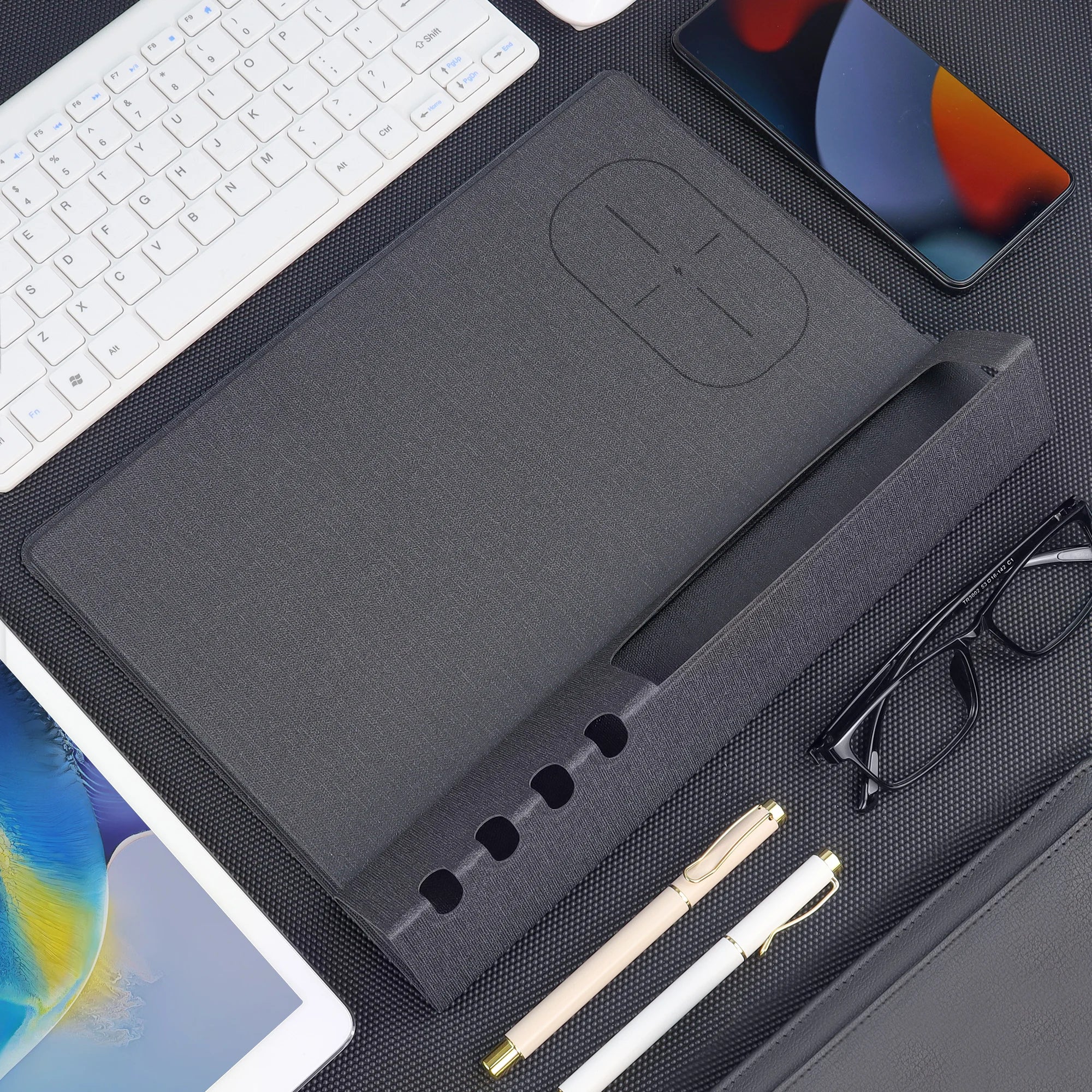 Multi-Functional Office Desk Organizer with Phone Stand Pen Storage Wireless Charging and Mouse Pad - Elegant Leather