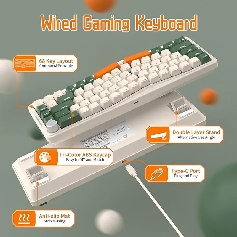 AKS068 Alice Layout Wired Mechanical Keyboard Gasket Mount 68 Keys Ergonomic 60% Gaming Keyboard USB-C Hot-S - Desktop