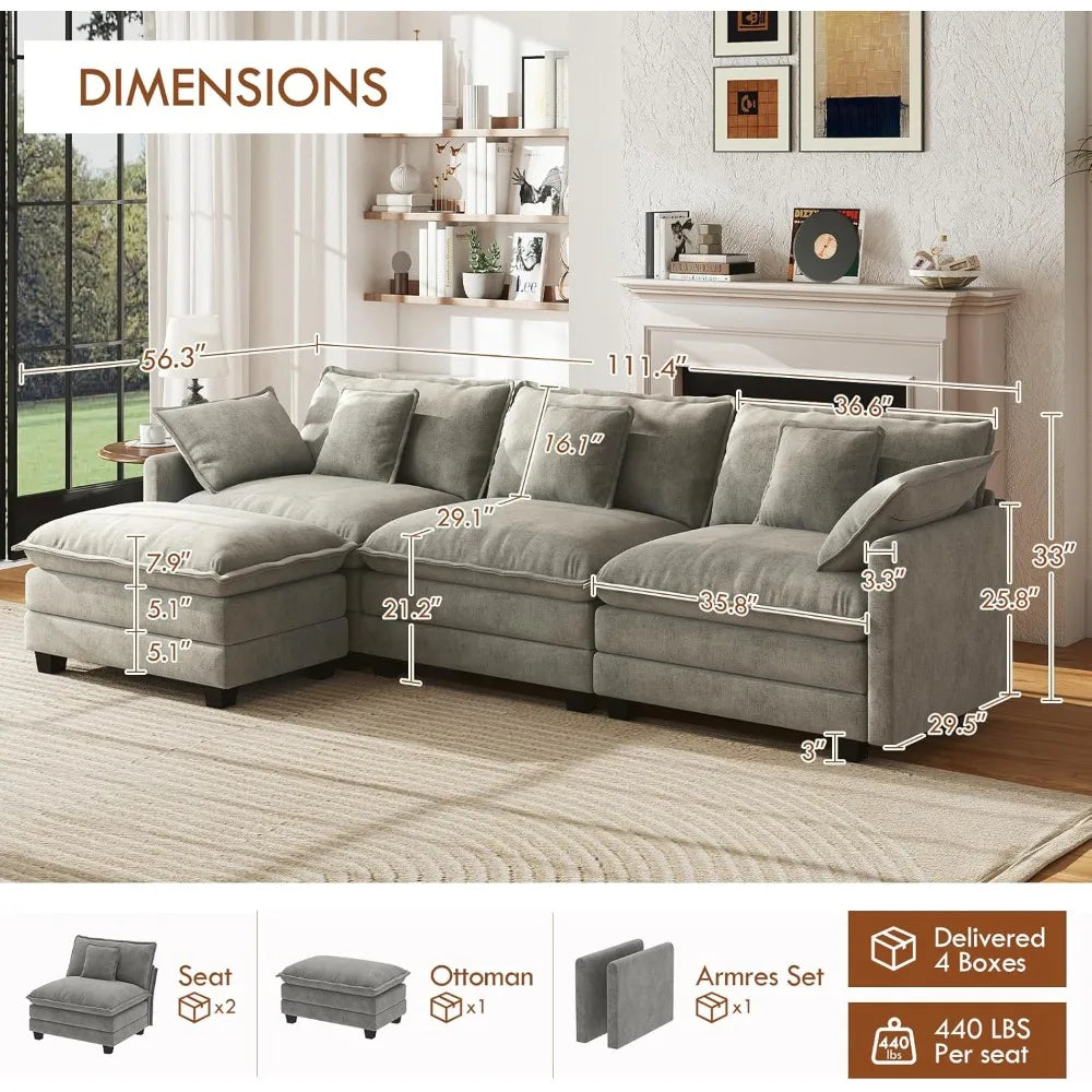 111.4” Cloud Couch Modular Sectional Sofa Comfy Modern 3-Seater Couches with Pillows & Upholstered Deep Seat Cushion