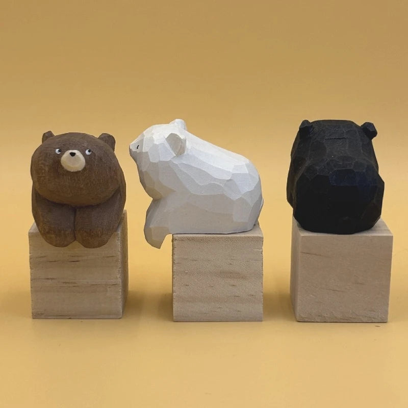 1pc Wooden Carving Figurine Cuddly Bear in a Lying Pose Adorable Desk Companion Office Bedroom Home Decor