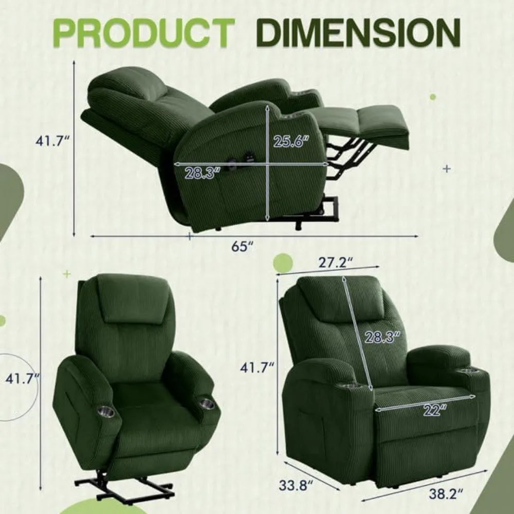 Massage Electric Power Lift Recliner Chair for Seniors with Corduroy Fabric Cup Holders and Side Pockets - White