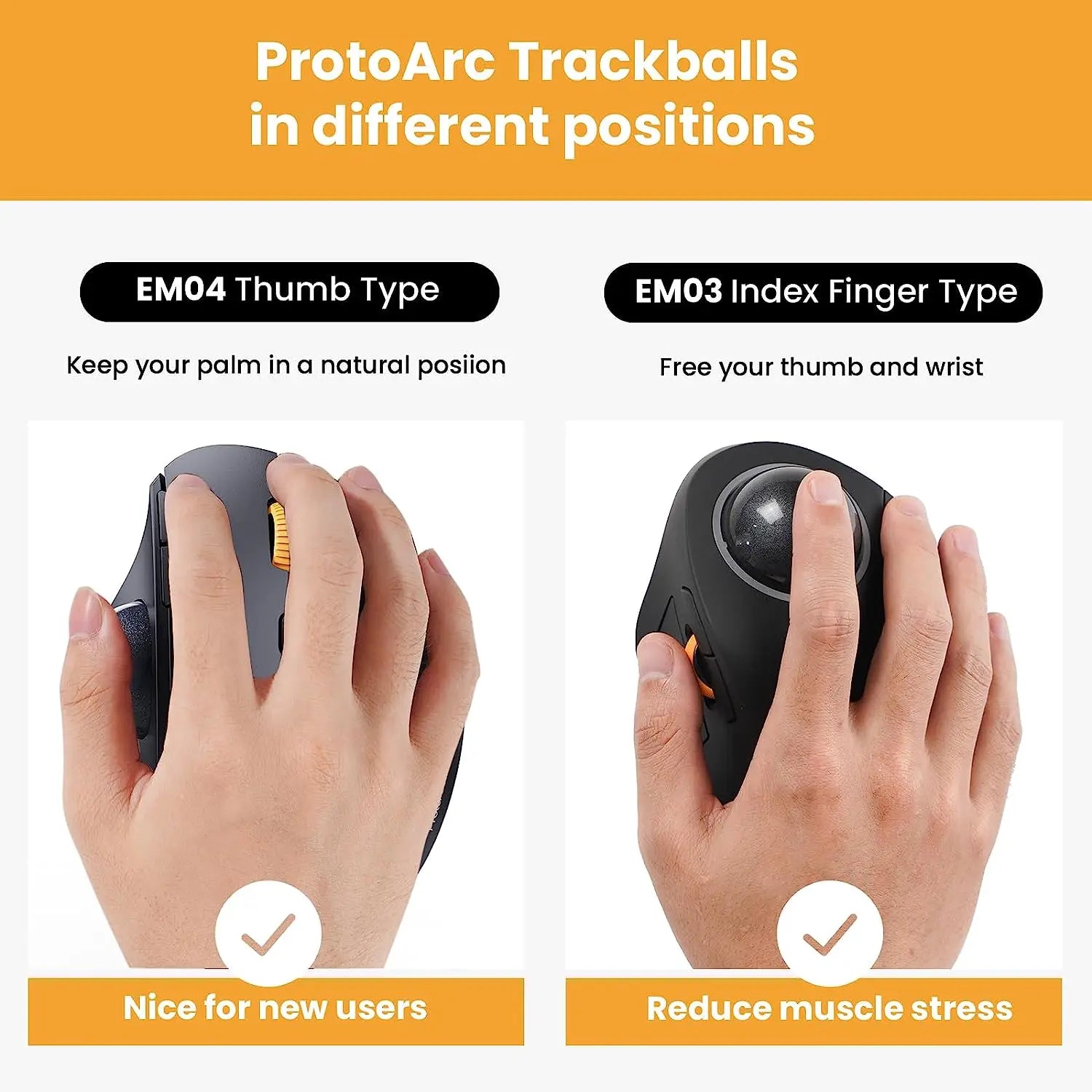 ProtoArc EM04 Trackball Mouse Wireless Rechargeable Ergonomic Vertical Bluetooth Mice for Computer PC iPad Mac Windows