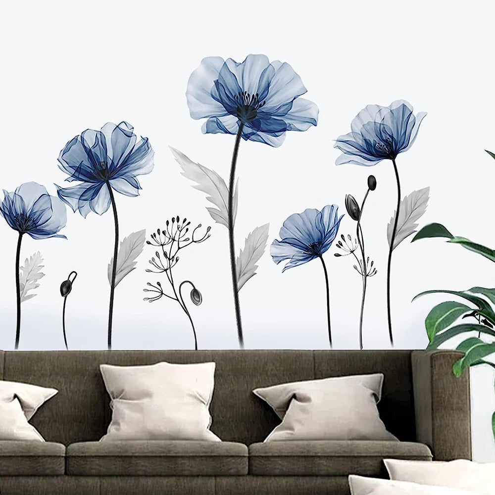 Large Blue Flower Wall Sticker Office Bedroom Floral Plants Wall Decal Bedroom Living Room Kitchen Home Decor