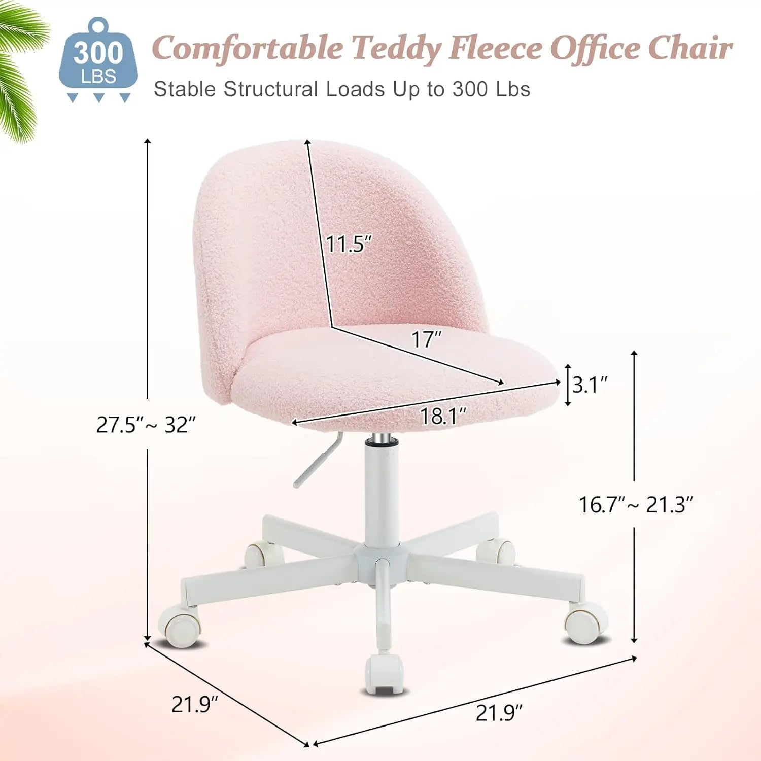 Cute Armless Desk Chair Comfortable Rolling Task Chair with Lumbar Support & Wheels - Adjustable Swivel in Gentle Pink