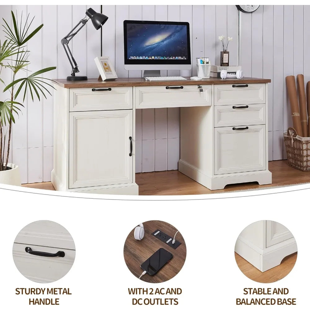 ’60’’ L-Shaped Farmhouse Desk - 40’’ Mobile File Cabinet & Charging Station Storage for Office/Home’ - United States