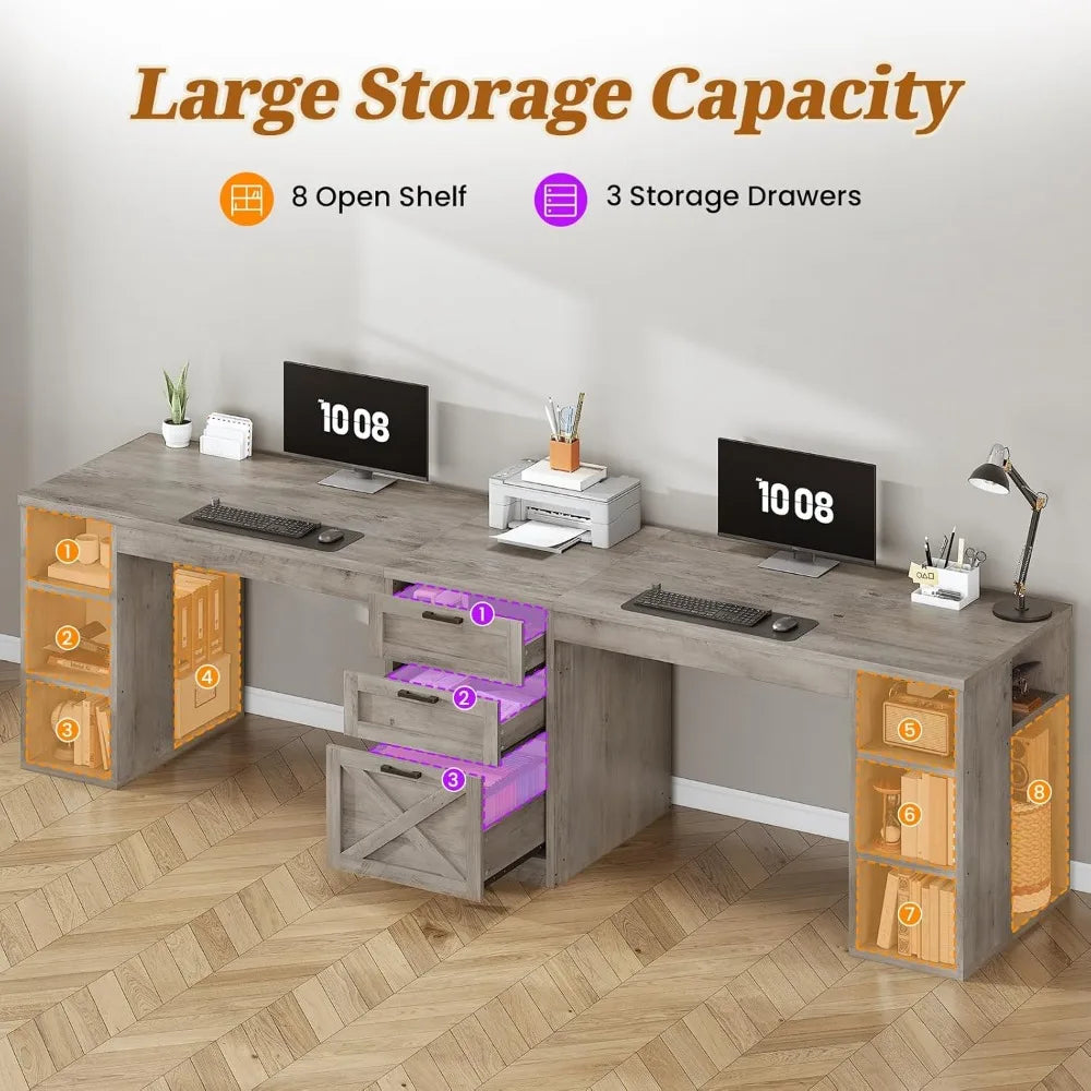 Farmhouse 96.5’’ Computer Desk with Drawers 2 Person Home Office Desk Gaming Double Desk with Storage Shelves Long Two