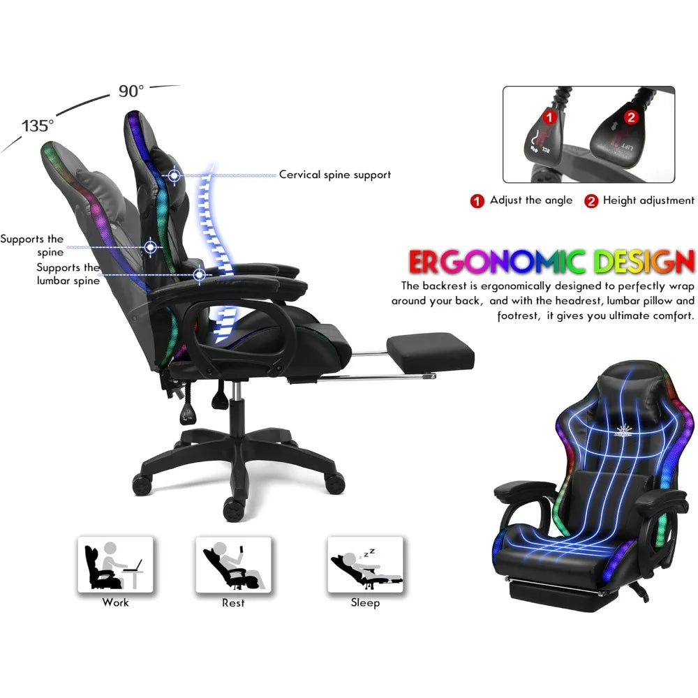 Gaming Chair with LED Lights and Speakers Ergonomic Pro Video Game Chair with Massage and Footrest for Adults Teens