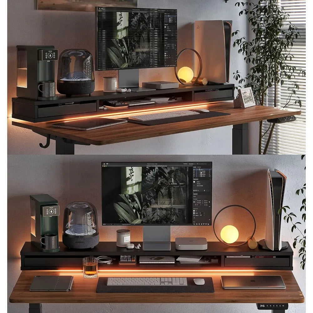 Height Adjustable Electric Standing Desk with Double Drawers Stand Up Desk with LED Strips Sit Stand Desk with Monitor