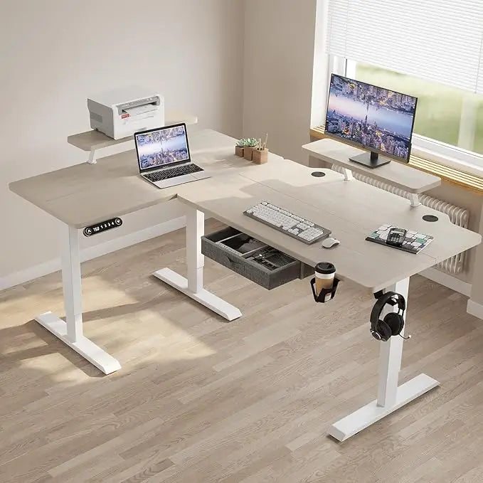Electric L Shape Standing Desk with Drawer 63x47 Inches Height Adjustable Sit Stand Up Desk with Storage Shelf Home