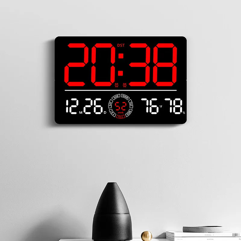 Large Digital Wall Clock 10 Brightness Adjustment Dual Alarm LED Clocks Week + Number of Weeks Alarm Clock with Timing