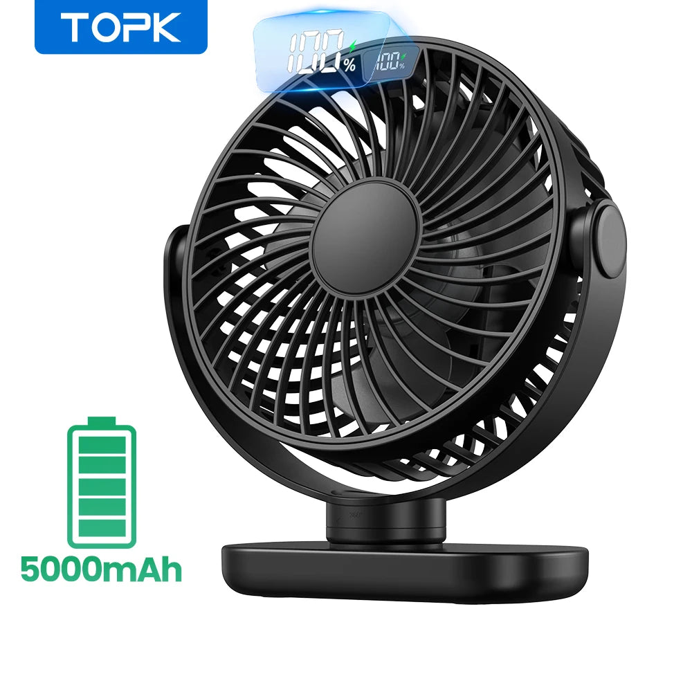 TOPK K60C 5000mAh Portable Mini Fan,Standing Fans for Room,LED Display 360°Rotation Quiet Personal Desk Electric Fan