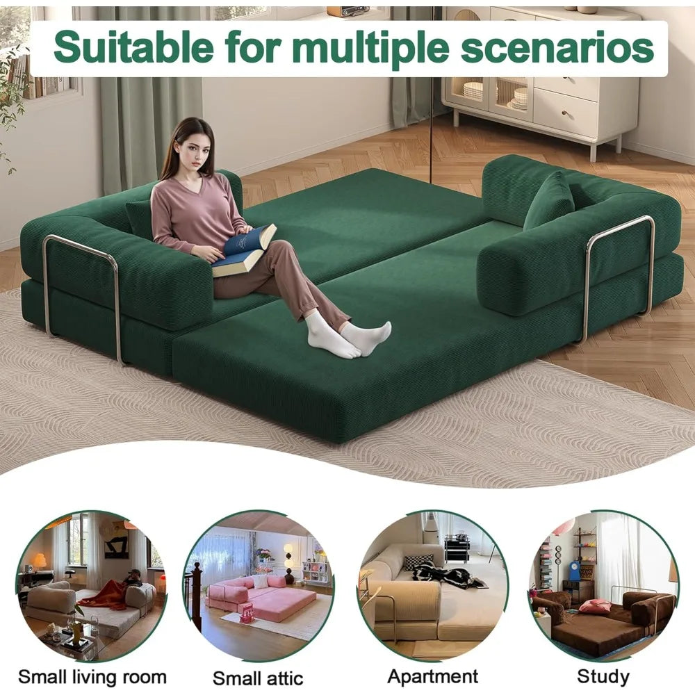 79’’ Convertible Sofa Bed with Pillows Corduroy Folding Sleeper Sofa with Fixed-Shape Frame Boneless Couch for Living