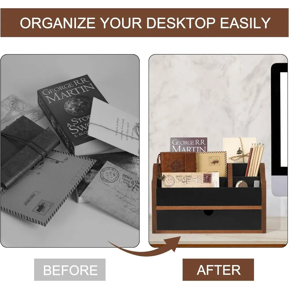 desk organizer with drawer wood file office mail organizer countertop-5 slot tabletop storage pen organizer letter