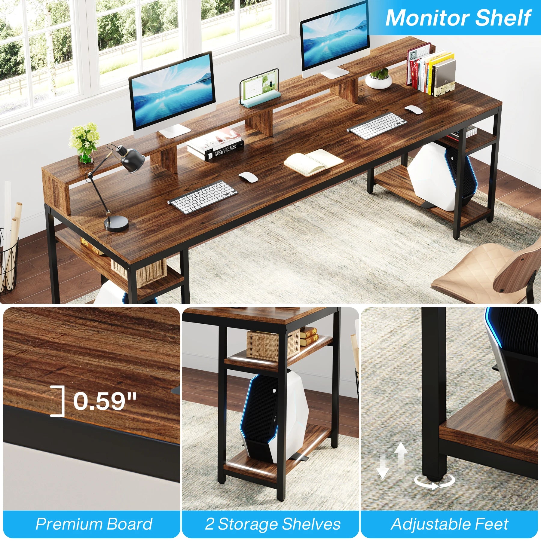 Tribesigns 78.74 Inches Extra Long Two-Person Desk Double Computer Desk with Monitor Stand and Storage Shelves Work