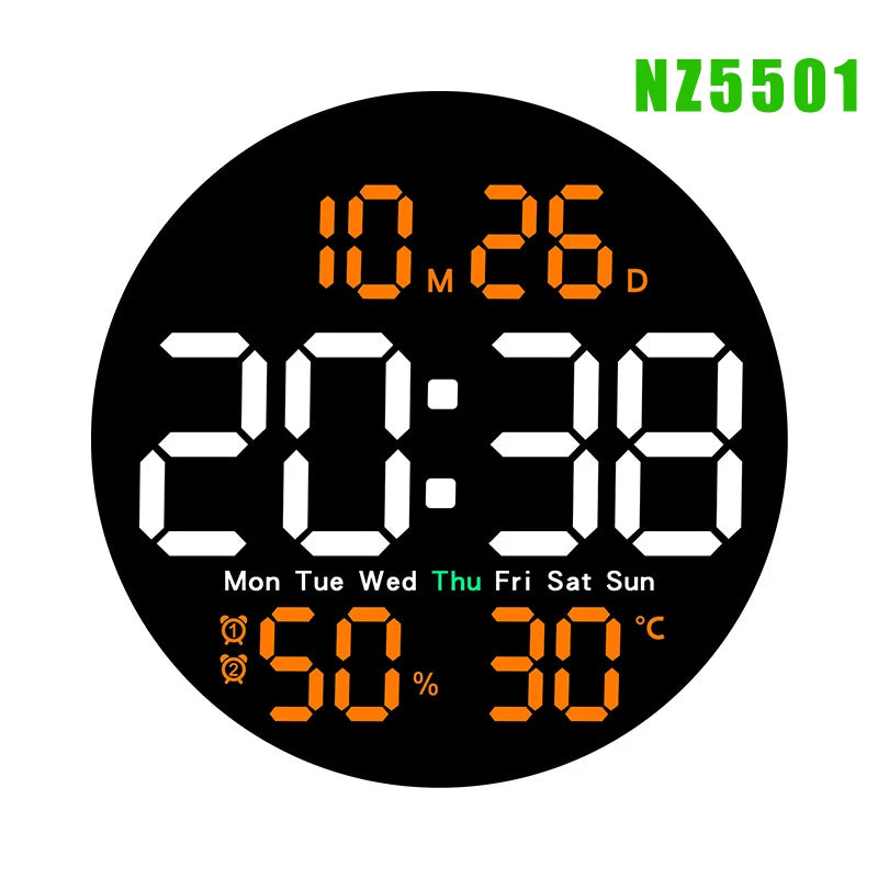 Remote Control LED Wall Clock with Dual Alarms,Calendar and Temperature Display for Home Decoration.Brightness