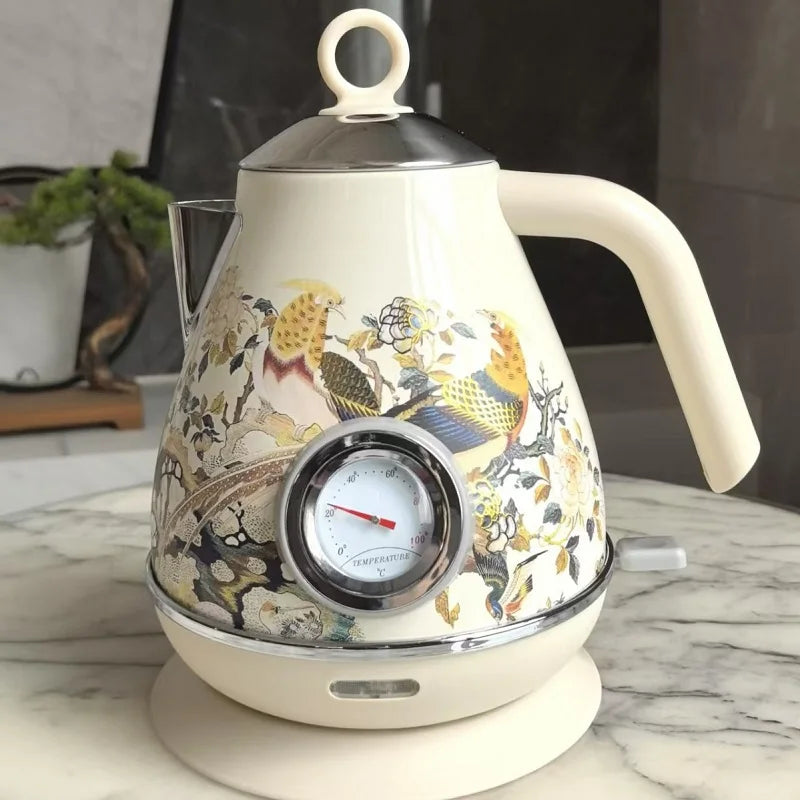 1.7L Retro Handmade Decals Electrc Kettle Boiling Water With Thermometer Automatic Power Off 304 stainless Steel Teapot