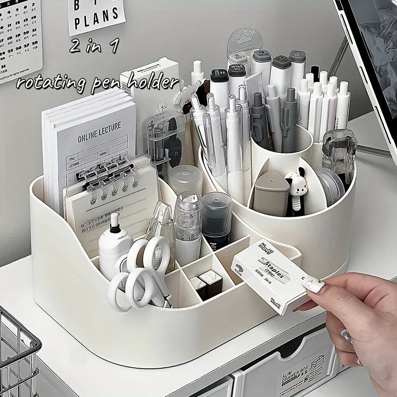 1pc Multi-Functional 2-in-1 Desk Organizer with 360-Degree Rotating Pen Holder Large Capacity Plastic Storage Caddy