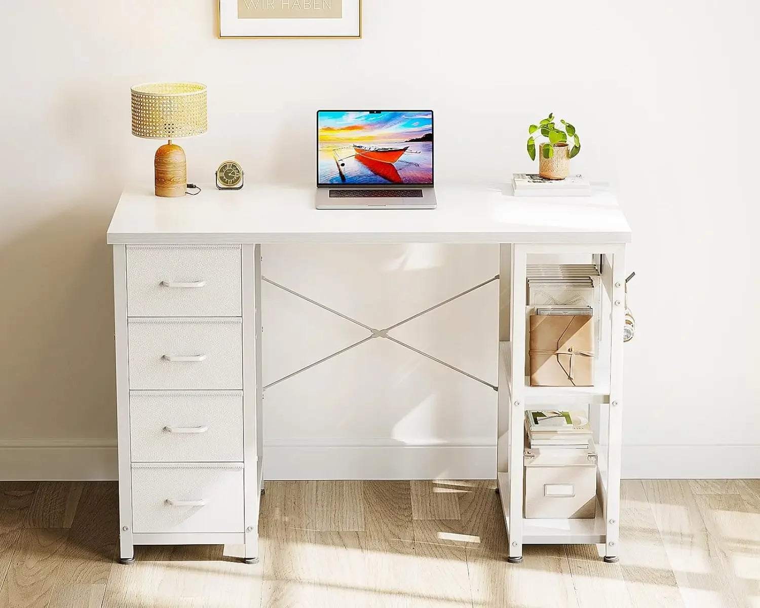 40 Inch Small White Computer Desk with 4 Fabric Drawers Modern Writing PC Desk - United States
