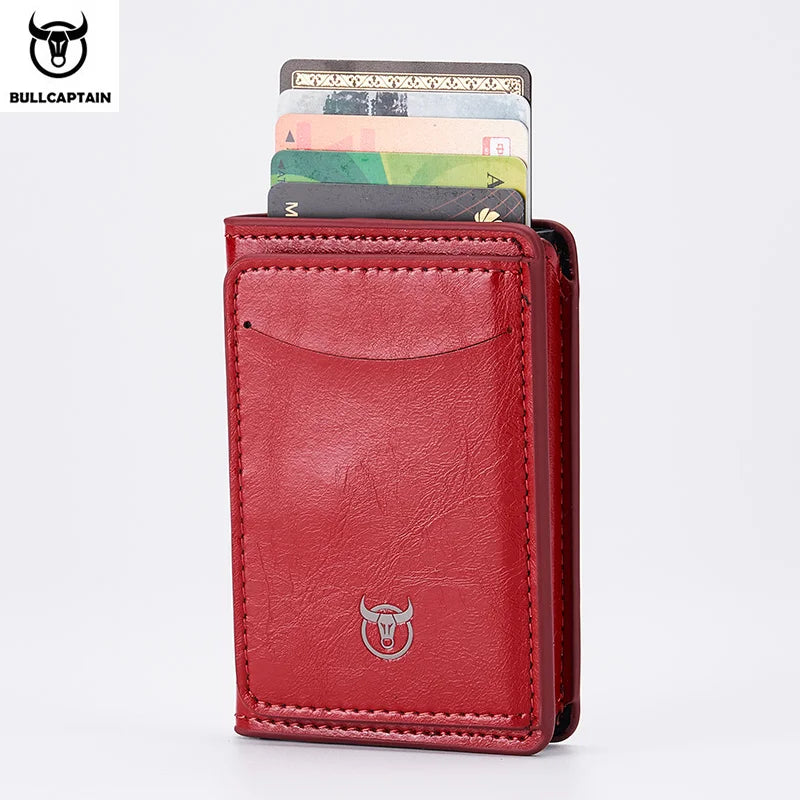 Bullcaptain Credit Card Holder Men Wallet RFID Blocking Protected Aluminium Box Leather Wallets with Money Clip Card