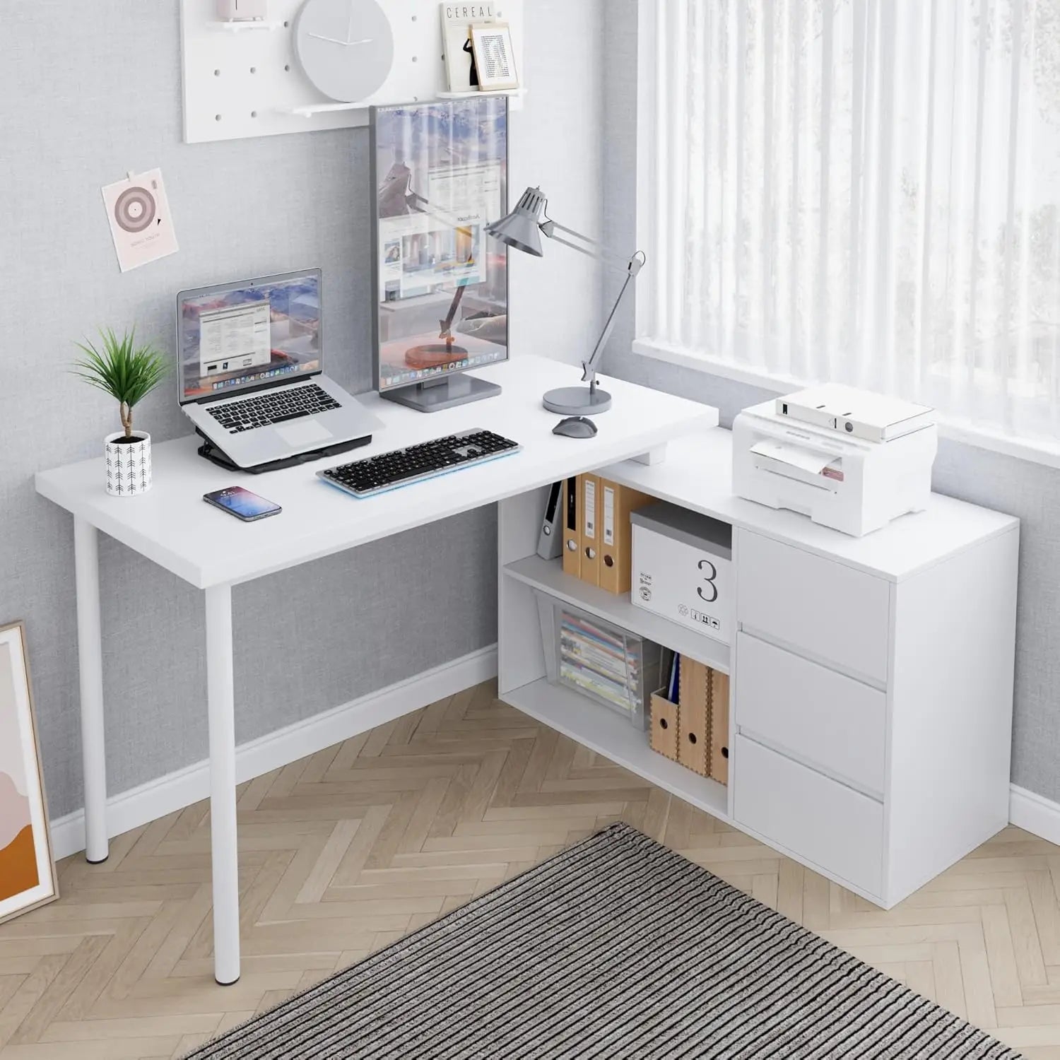 Home Office Computer Desk Corner Desk with 3 Drawers and 2 Shelves 53-inch L-Shaped Study Desk with Storage - United
