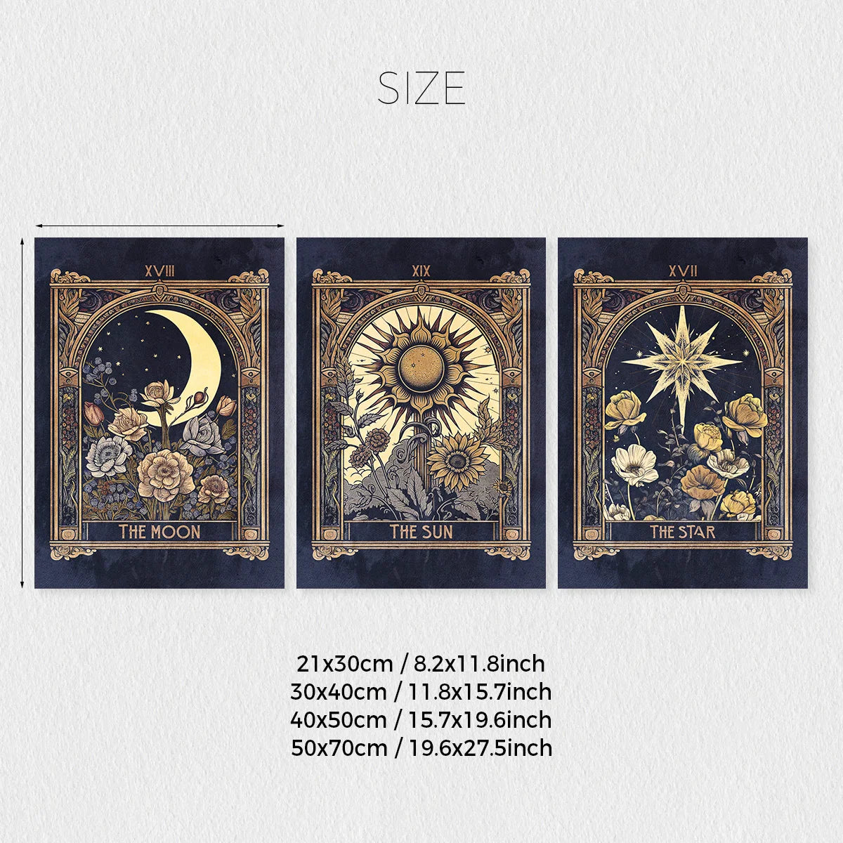 Set of 3 Retro Tarot Cards Sun Moon and Stars Wall Art Canvas Tarot Card Printing Tarot Card Posters Mysterious Wall