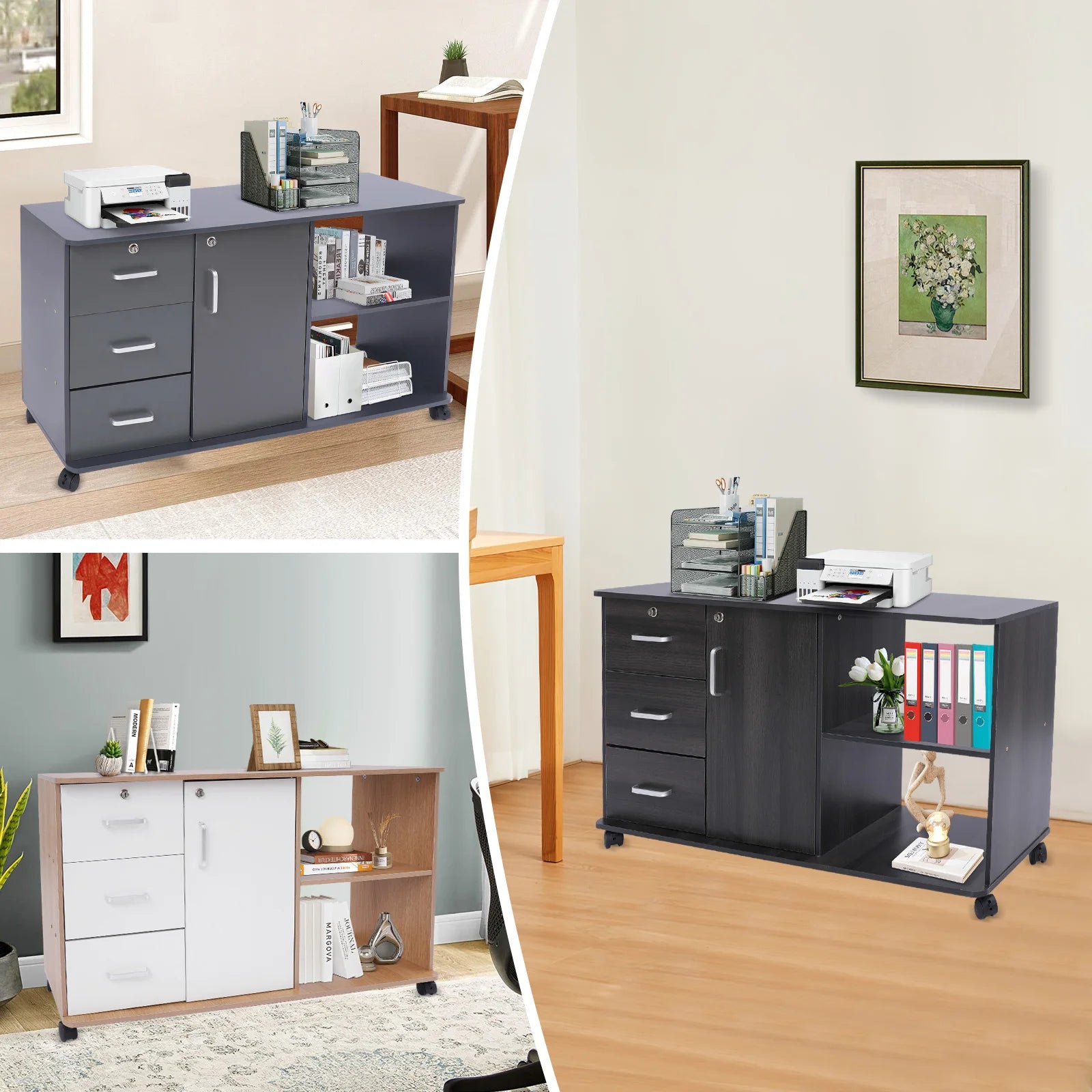 3 Drawers 1 Cabinet 2 Compartments MDF File Cabinet,Black/Wood Color/Gray Rectangular File Cabinets for Home Office