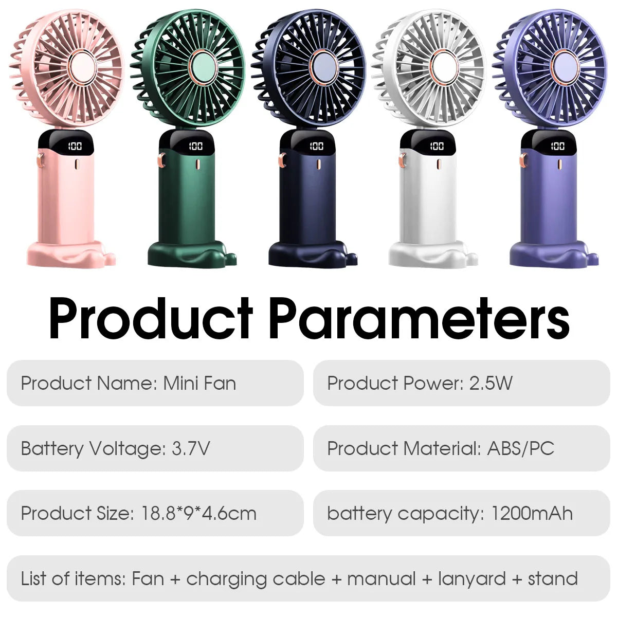 1pc Rechargeable Digital Display Foldable Portable Handheld Desktop Fan 5-speed Adjustable Silent Operation Home Office