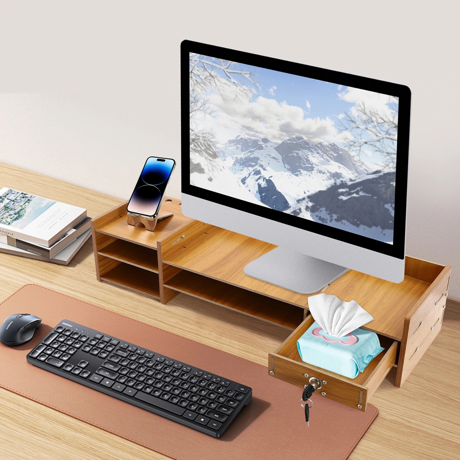 Wood MDF Monitor Stand Riser No Assembly Required Exquisite Monitor Stand with Drawer Ergonomic Height Wood Monitor