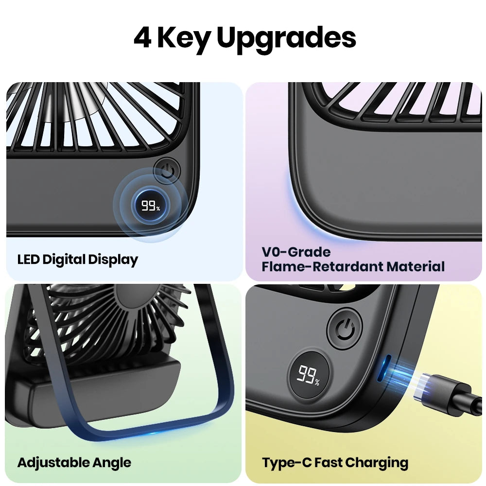 TOPK Rechargeable Portable Fan Electric Mini fan for Camping,2000mah Battery USB Desk Fan Small Silent Table Fans