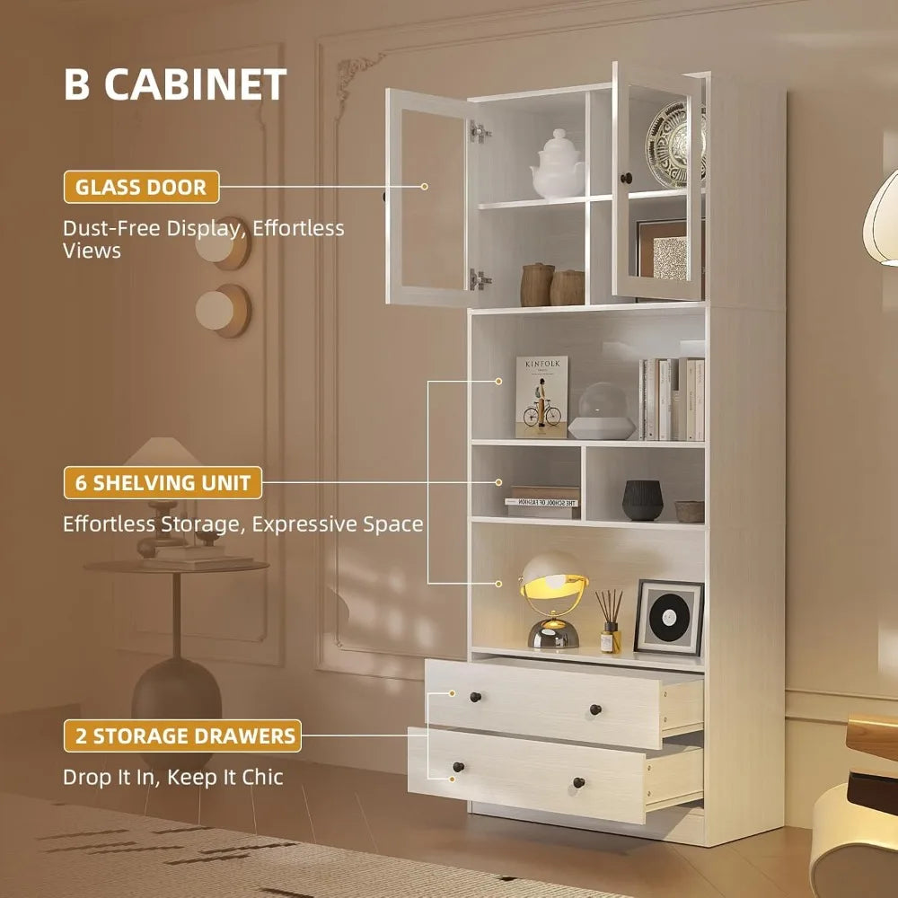 Large 7-Tier Wooden Bookshelf with Drawers Modern Storage Cabinet for Living Room Suitable for Home Use - United States