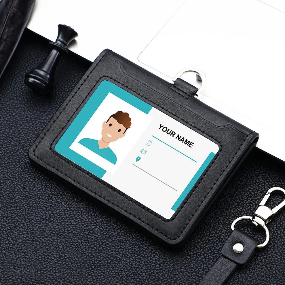 Professional Durable ID Card Holder Business Real Leather Office Staff Badge Cases with Lanyard Aviation Style - Black