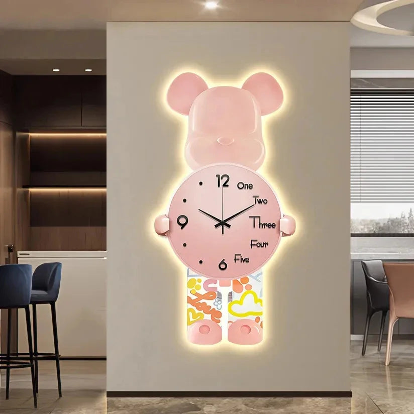 Aesthetic Bear Wall Clock LED Lamp Unique Bear Silent Watch Sconce Luxury Porch Livingroom Decoration Interior Light