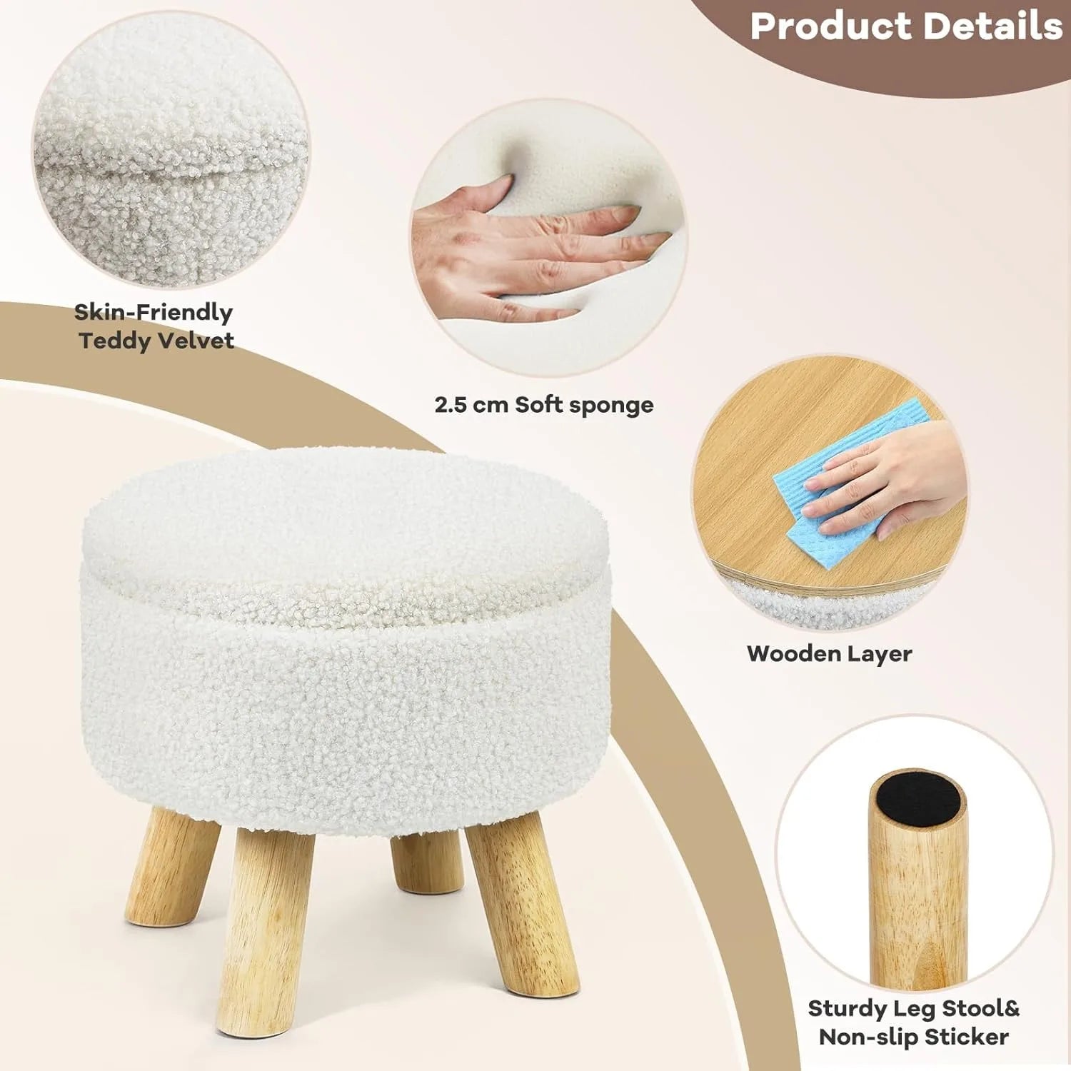 Nordic Boucle Ottoman Footstool with Storage | Round Velvet Pouf with Wooden Legs for Living Room Sofa Camel