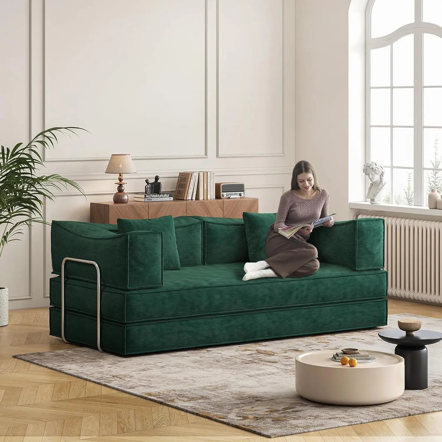 79’’ Convertible Sofa Bed with Pillows Corduroy Folding Sleeper Sofa with Fixed-Shape Frame Boneless Couch for Living