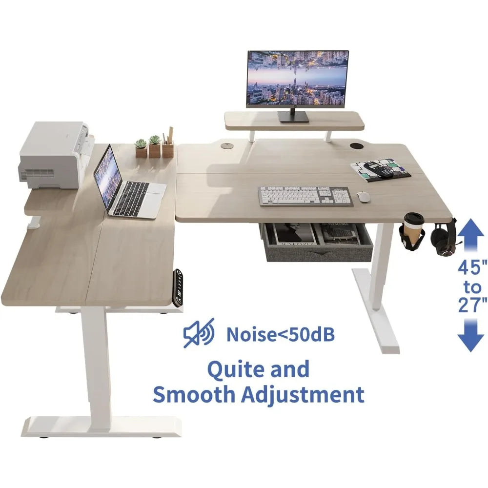 Electric L Shape Standing Desk with Drawer 63x47 Inches Height Adjustable Sit Stand Up Desk with Storage Shelf Home