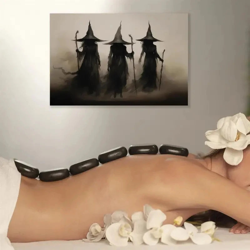 Abstract Retro Witch Halloween Canvas Prints Witchcraft Cartoon Cosplay Wall Art Poster for Family Bedroom Office Decor